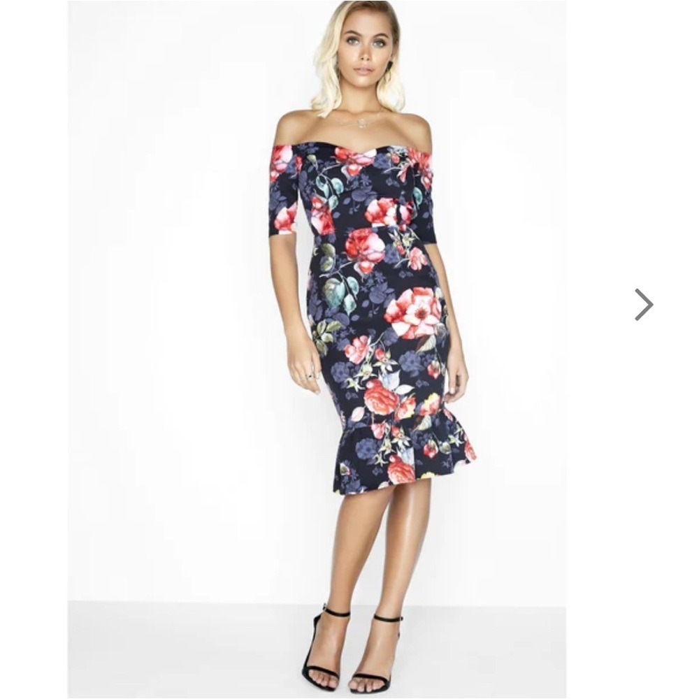Paper Dolls London Floral Bardot Dress Black Red Rose Ruffle Hem US 8 UK 12 Chic